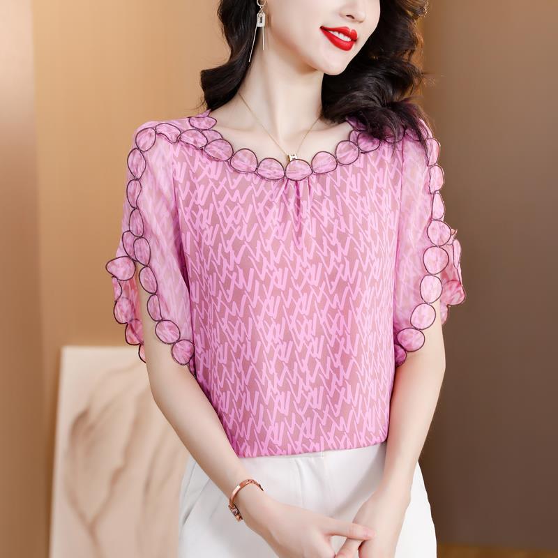 Summer 2023 New Arrival Embroidered Stitching Design Sense Chiffon Shirt Women's Short Sleeve Loose Belly-Covering Slimming Top