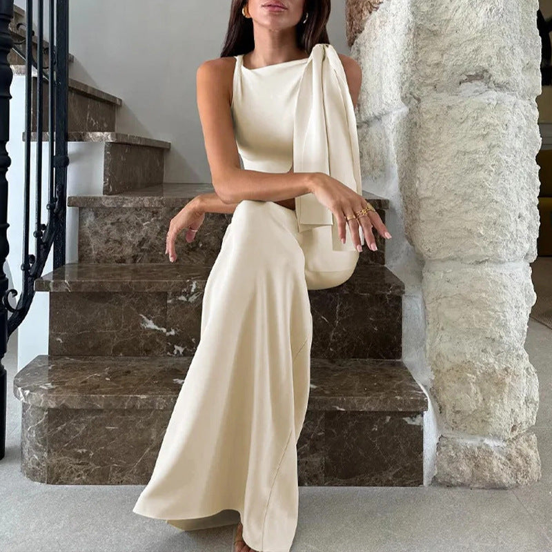 New Summer Women Sleeveless Slim Long Dress Fashion Spaghetti Strap Banquet Dress Elegant O-neck Lace Up High Waist Party Dress