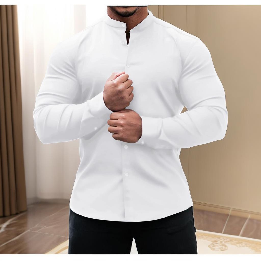 Men's Solid Color Sports Casual Cardigan Slim Fit Micro Elastic Long Sleeve Casual Button Shirt