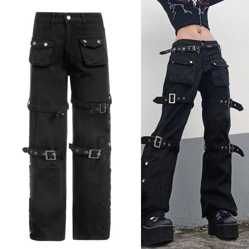 Women Black Cargo Jeans with Multi Pockets Metal Buckle Belt Straight Trousers Dropship