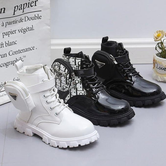Children's Martin Boots Girls Leather Boots Fashionable Autumn And Winter New Middle And Older Children's Cotton Shoes Baby Bright Leather Surface Short Boots
