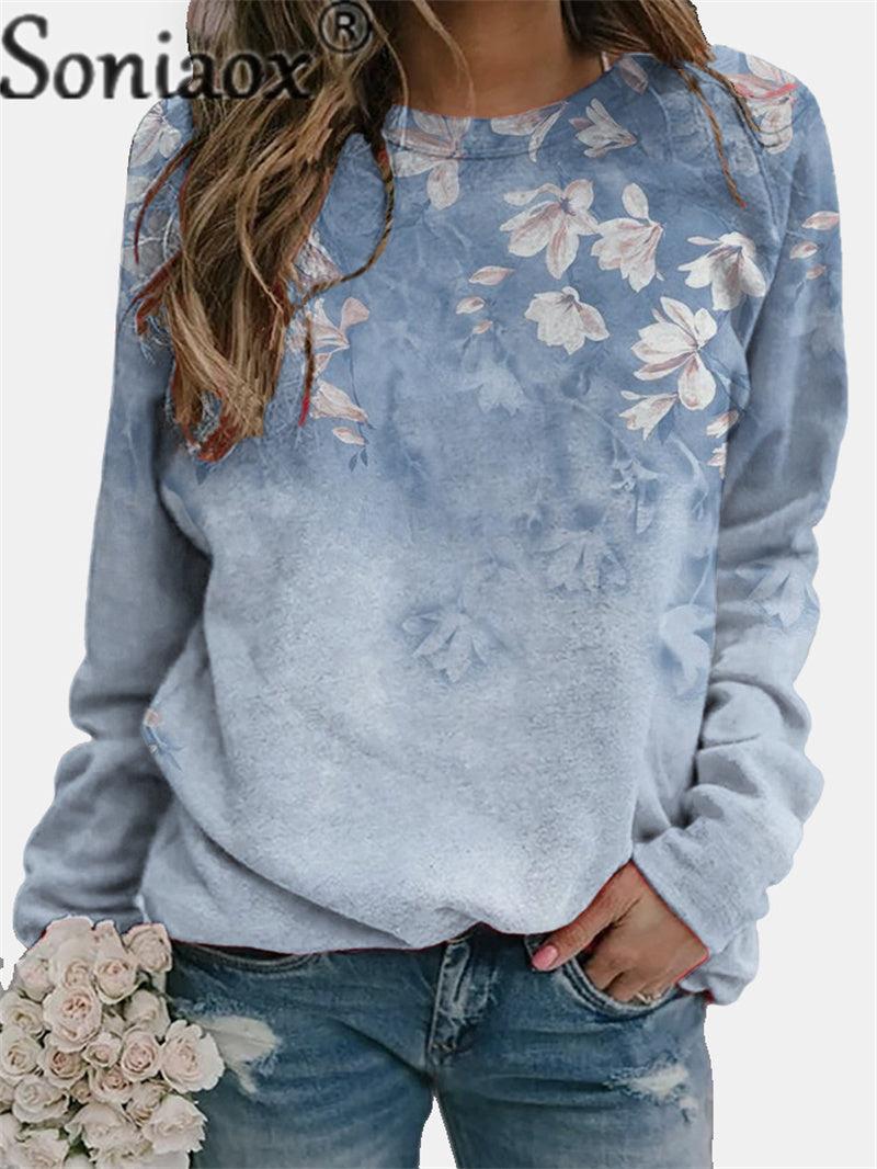 Women's Floral Elements Print Round Neck Pullover Sweatshirt 2023 Autumn Comfortable Casual Tops Ladies Long Sleeve Loose Hoodie