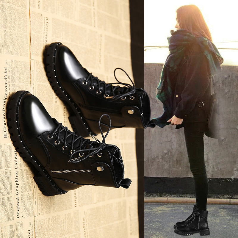 Martin Boots Women's New Autumn And Winter Plus Velvet Thick Bottom All-match Thick Heel