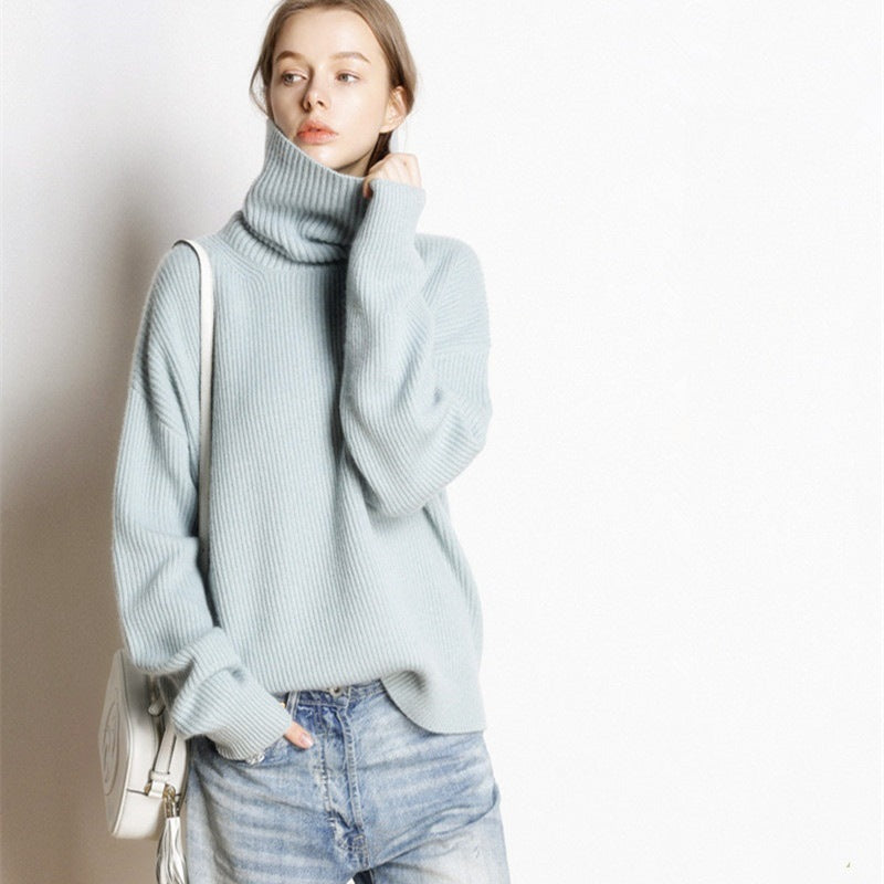 Autumn and winter European and American women's sweater high collar solid color cashmere sweater thick pullover loose lazy style base knitted sweater, base knitted sweater, sweater