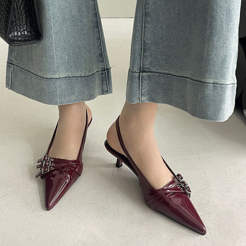 heels one-strap high heel shoes 2024 spring new fashion patent leather women's shoes pointed toe belt buckle stiletto heel sandals