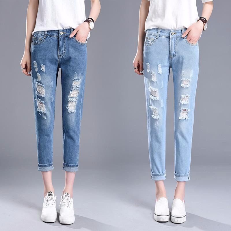 Broken jeans women's elastic waist loose waist Joker Harlan pants