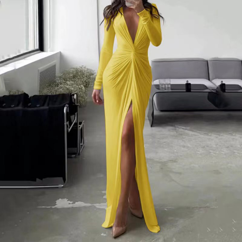 2023 Autumn New Bodycon Dresses For Women Luxury Designer Party Prom Deep V Neck Sexy Dress Hem Split Outfits Evening Vestidos