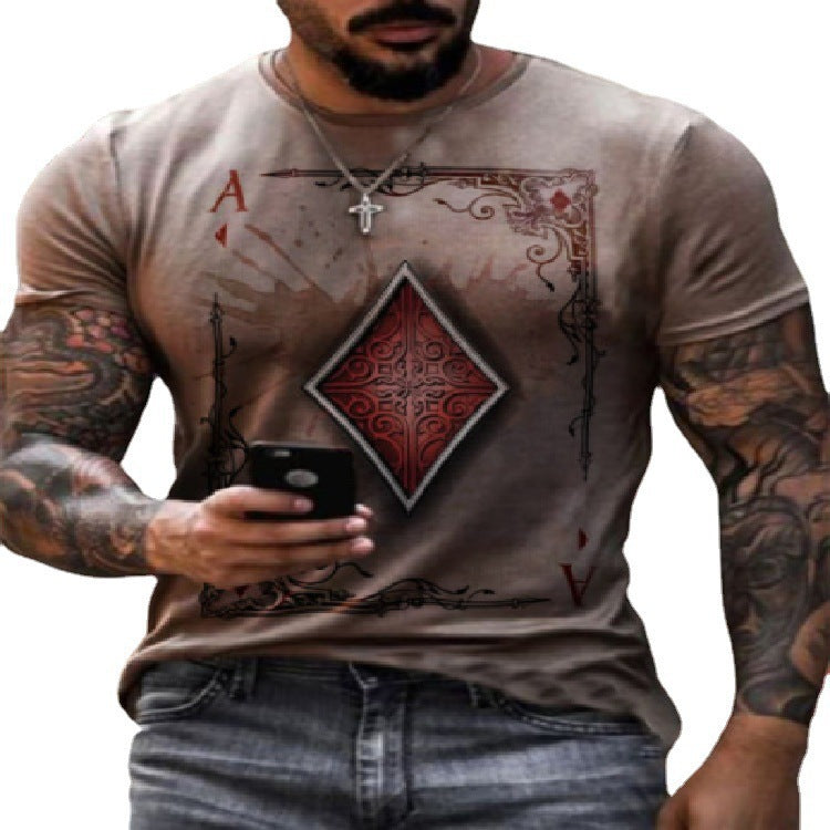 Men's Fashion Casual Simple Playing Card Printing Round Neck Short Sleeve T-Shirt Summer