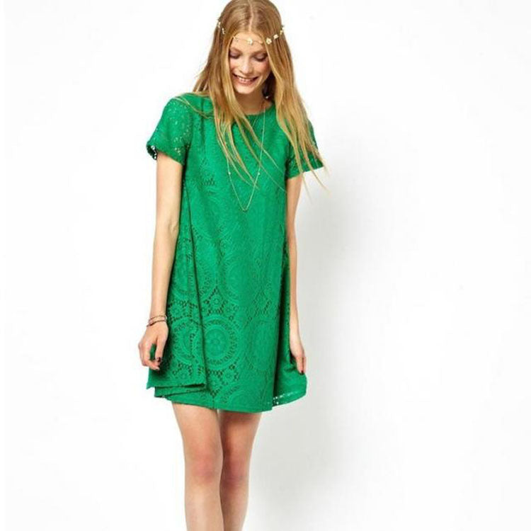 Summer large size women's dress, European and American dress, loose short sleeves, hollowed out kaleidoscope style, lace, a skirt.