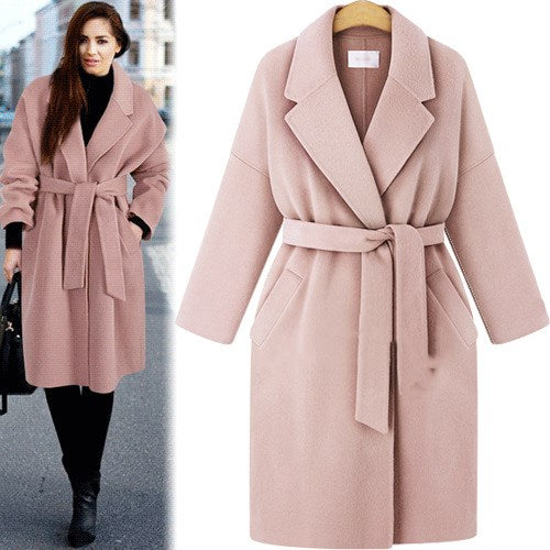 winter new style plus size women's pure color lace-up windbreaker loose coat long woolen coat women