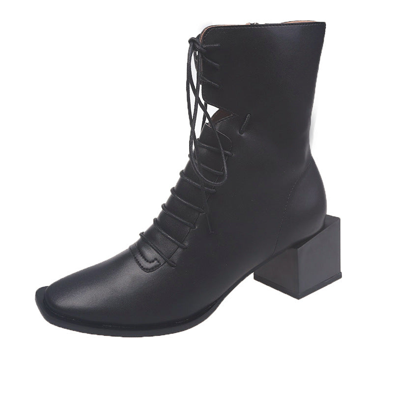 Lace-up Retro Mid-tube Boots Women's Fashion Trend Autumn And Winter