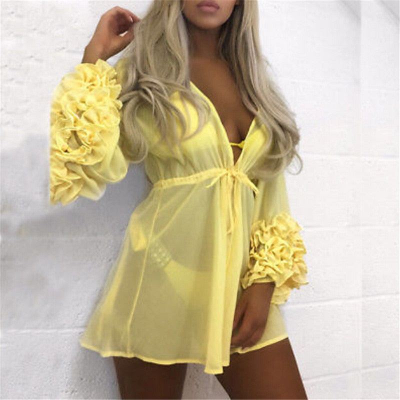 Women Sexy Beach Cover-up Long Puff Sleeve Covers up Bathing Suit Summer Beach Wear Pareo Swimwear Mesh Beach Dress