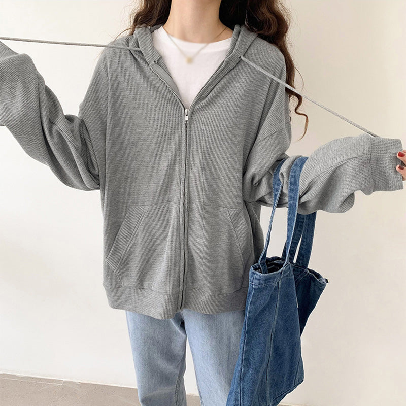 Women's Sweaters Cardigan Autumn and Winter Thermal Windproof Tops Waffle Zipper Pullovers