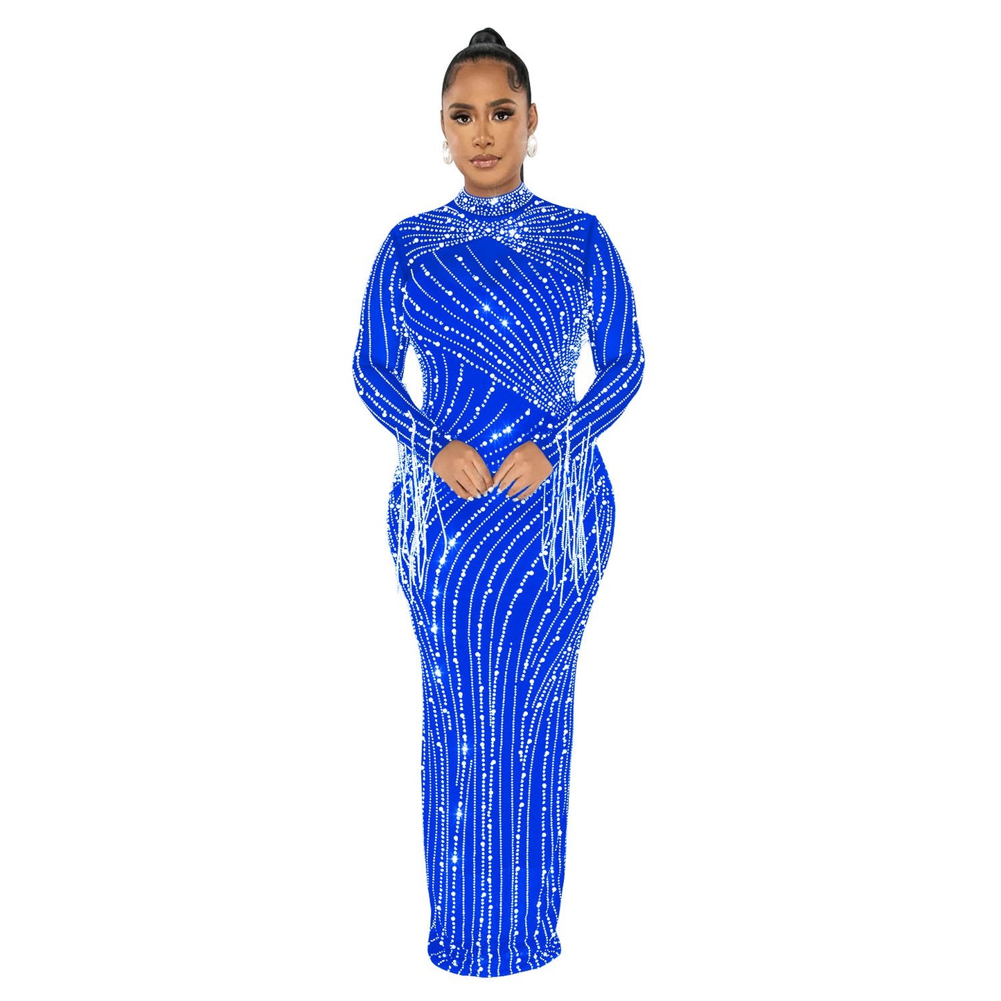Women's Mesh See-through Rhinestone Long Sleeve Dress Lining Two-piece Set