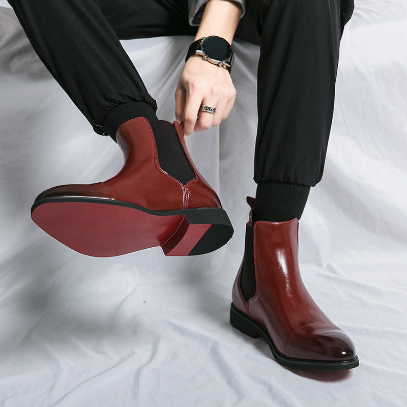 Autumn and Winter pointed toe slip-on plus size men's boots high-top leather shoes red sole Martin boots British casual Chelsea boots