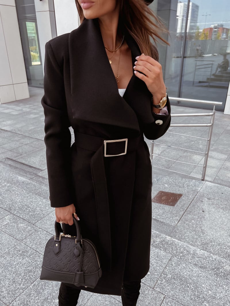 Simple Long Sleeve Button V-Neck Tie Woolen Jacket Women's