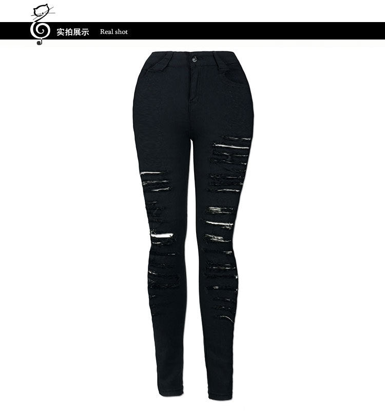European and American personality explosions street popular full strips torn Slim stretch high waist denim pants pants large size