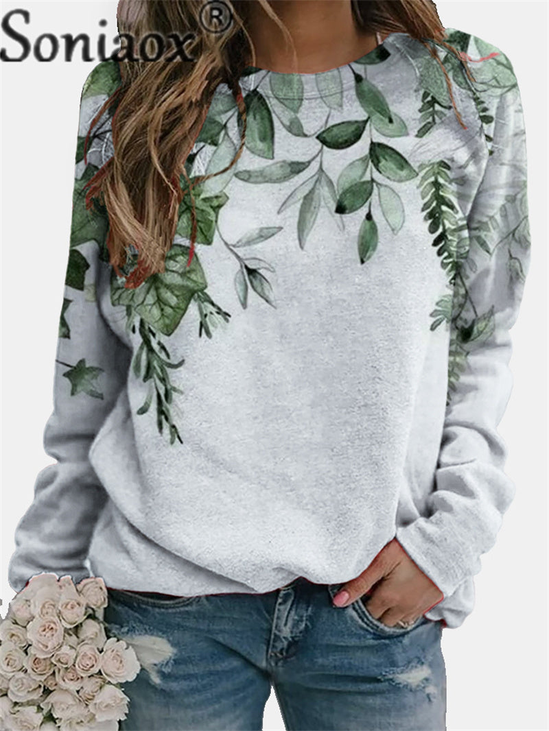 Women's Floral Elements Print Round Neck Pullover Sweatshirt 2023 Autumn Comfortable Casual Tops Ladies Long Sleeve Loose Hoodie