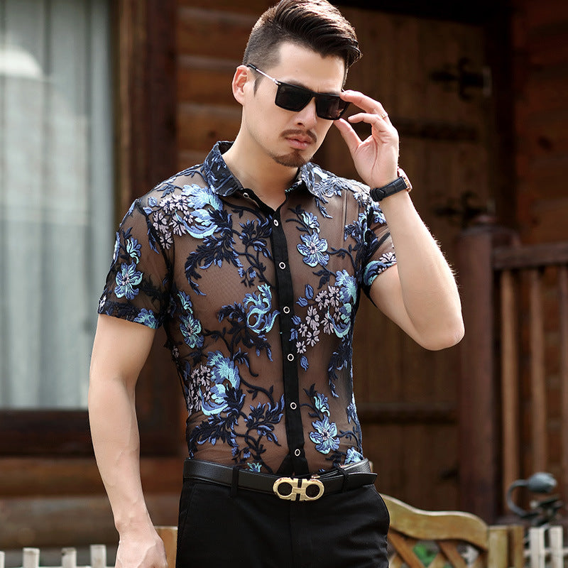 Men's Short Sleeve Shirt Slim Openwork Embroidered Iron Free Casual Shirt Middle Age Half Sleeve Top