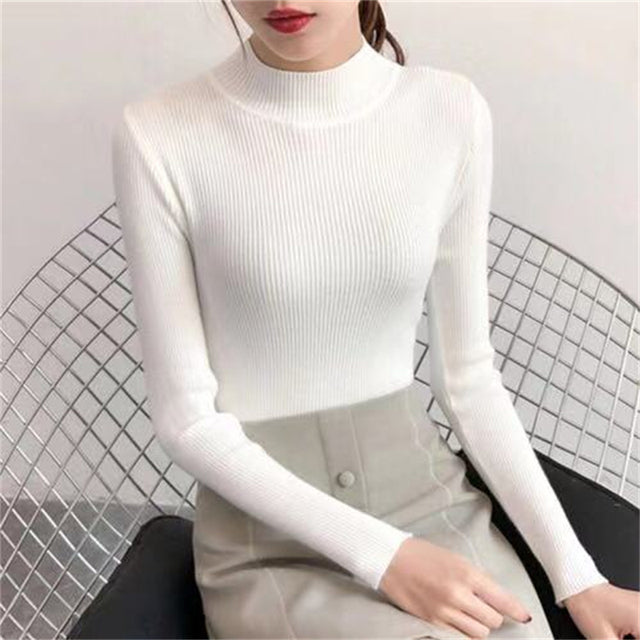 Autumn High Collar Long Sleeve Skinny Elastic Casual Tops Bottoming Sweater Women Basics Knitted Shirts Warm Knitwear Pullovers