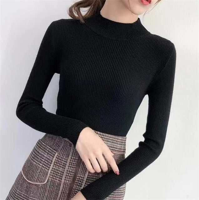Autumn High Collar Long Sleeve Skinny Elastic Casual Tops Bottoming Sweater Women Basics Knitted Shirts Warm Knitwear Pullovers