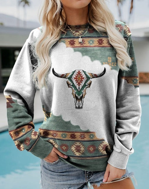 Autumn Winter Vintage Western Style Sweatshirt Women New Year 2022 Round Neck Long Sleeve Top Loose Casual Punk Pullover Hoodies