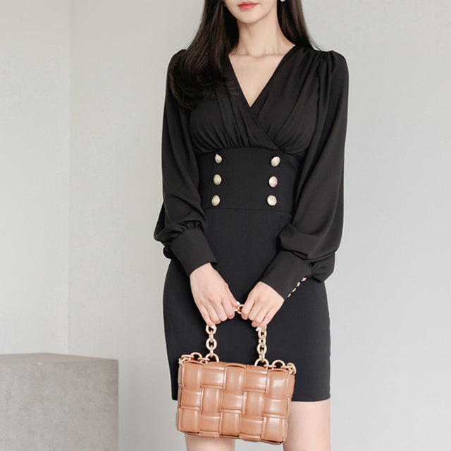 BGTEEVER Autumn Elegant V-neck Slim Buttons Female Solid Bodycon Mini Dress Stylish Long Sleeve Women Skinny Package Hip Dress