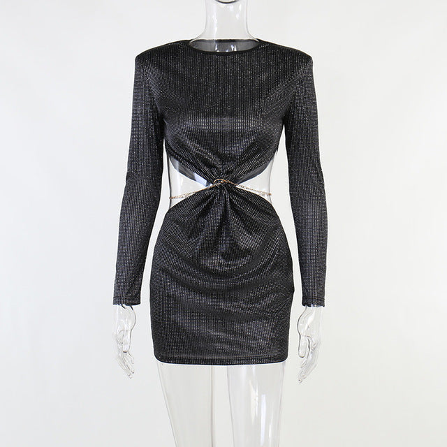 BoozRey Black Sexy Hollow Out Mini Wrap Dress for Women Summer Rave Festival Outfits Shoulder Pads Long Sleeves Skinny Dresses
