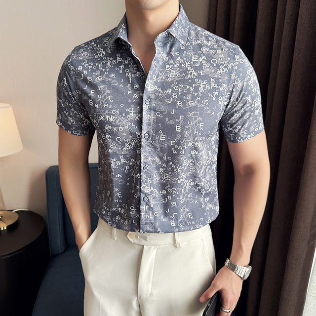Men's Short Sleeve Shirt, British Style Letter, Slim Fit, Casual, Wedding, Work Trend, Gentleman, Korean Version, New Fashion