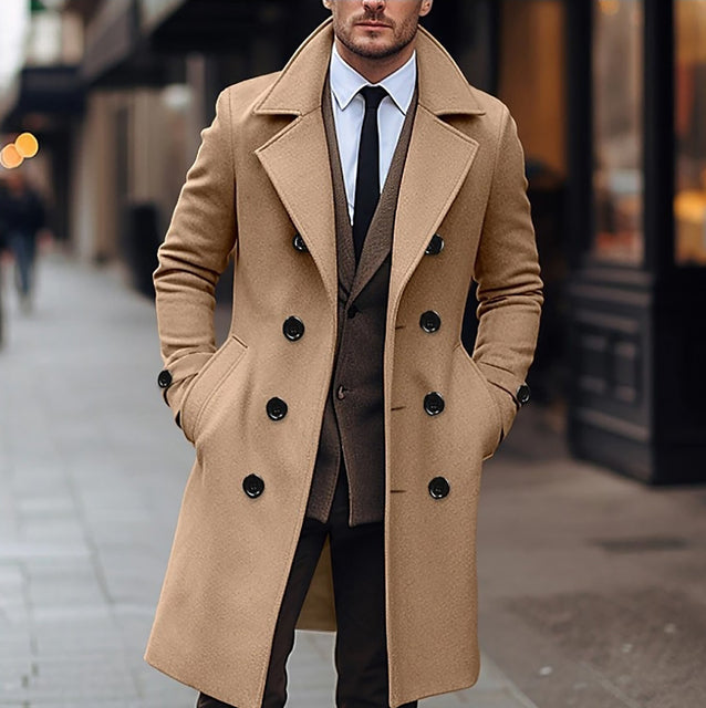 Men's Casual Woolen Coat Double-breasted Long Stylish Autumn Winter Coat