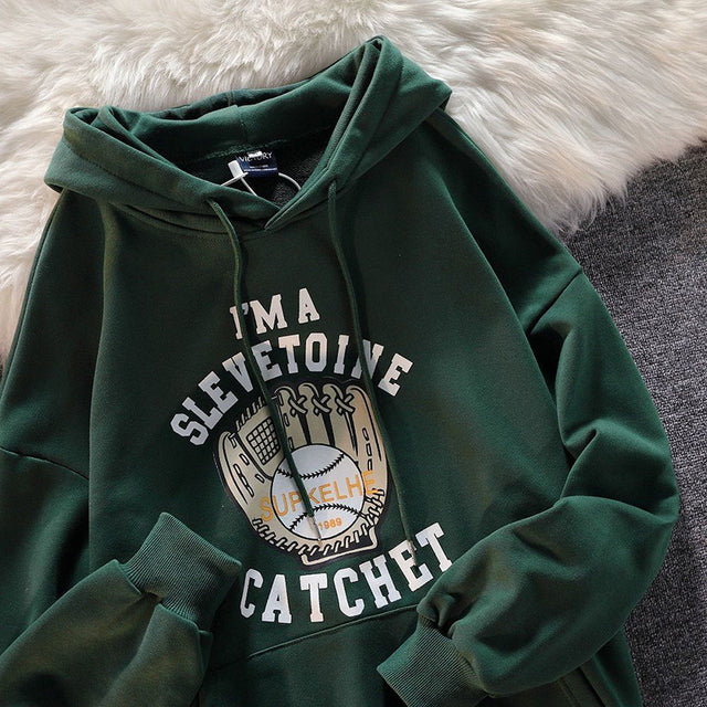 Dark green American baseball gloves printed Hoodie youth fashion Sweatshirt fall Vintage men's and women's loose Hoodie