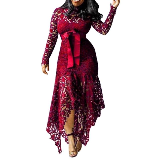 Dress Long Dress Bodycon Sexy Women Long Sleeve Bow Belted Irregular Hem Hollow Lace Long Dress