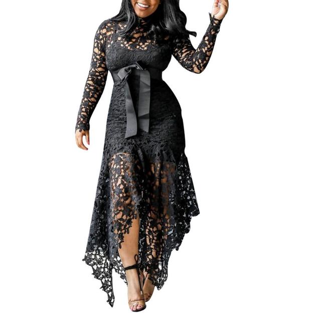 Dress Long Dress Bodycon Sexy Women Long Sleeve Bow Belted Irregular Hem Hollow Lace Long Dress
