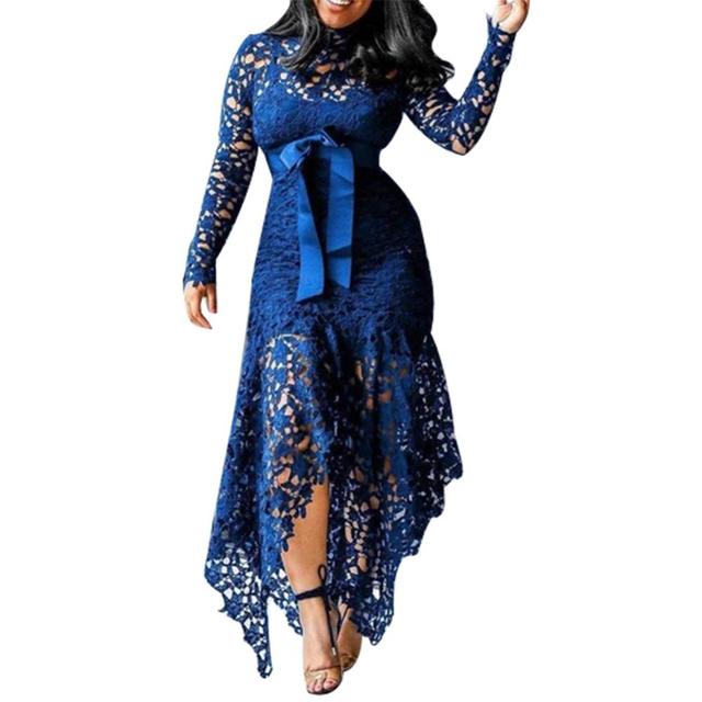 Dress Long Dress Bodycon Sexy Women Long Sleeve Bow Belted Irregular Hem Hollow Lace Long Dress