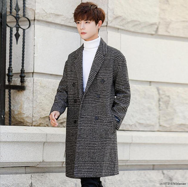 Fashion Men Coat Autumn Winter New Fashion Plaid Double Breasted Lapel Coat Mid-long Coat Men Chic Wool Blends Winter Coat Men