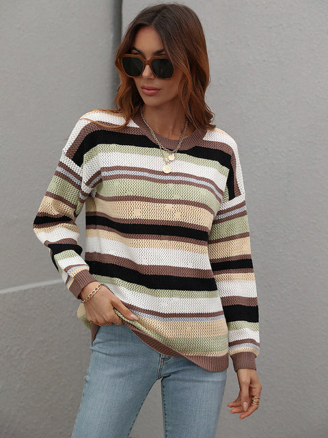 Fitshinling çizgili Vintage kazak kadınlar kış giysileri kazak örgü uzun kollu üst Boho moda ince Jumper çeker Jersey