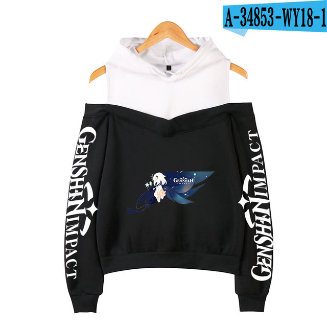 Genshin Impact Hoodies Women's Off-shoulder Hoodie Sweatshirt Autumn Winter Hoodie Harajuku Cartoon Xiao Off-shoulder Sweatshirt