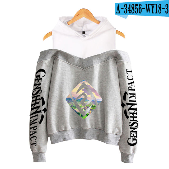 Genshin Impact Hoodies Women's Off-shoulder Hoodie Sweatshirt Autumn Winter Hoodie Harajuku Cartoon Xiao Off-shoulder Sweatshirt