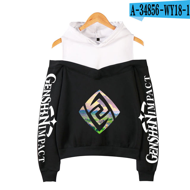 Genshin Impact Hoodies Women's Off-shoulder Hoodie Sweatshirt Autumn Winter Hoodie Harajuku Cartoon Xiao Off-shoulder Sweatshirt