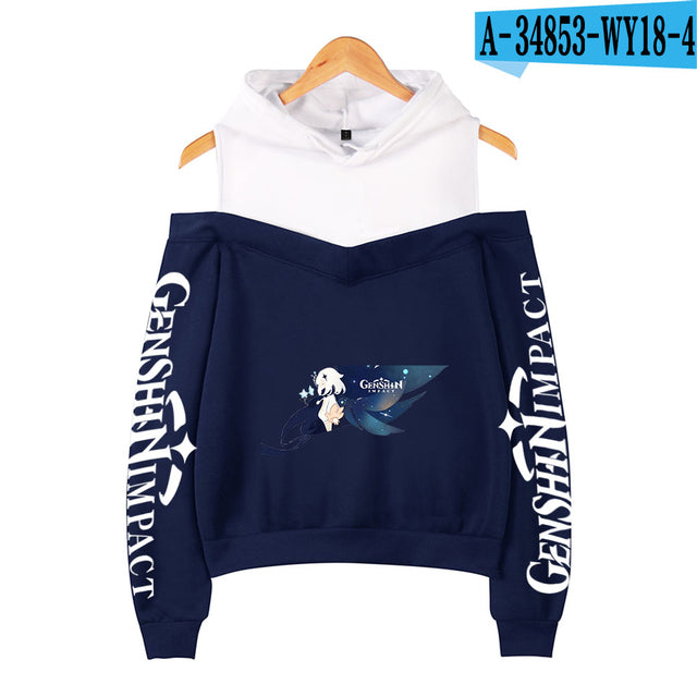 Genshin Impact Hoodies Women's Off-shoulder Hoodie Sweatshirt Autumn Winter Hoodie Harajuku Cartoon Xiao Off-shoulder Sweatshirt