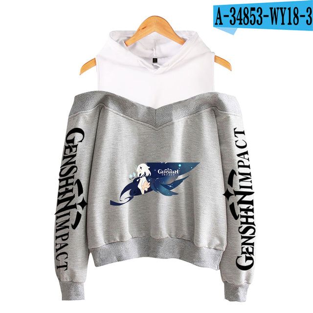 Genshin Impact Hoodies Women's Off-shoulder Hoodie Sweatshirt Autumn Winter Hoodie Harajuku Cartoon Xiao Off-shoulder Sweatshirt