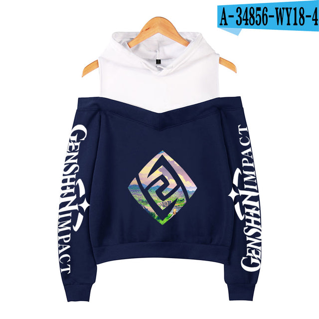 Genshin Impact Hoodies Women's Off-shoulder Hoodie Sweatshirt Autumn Winter Hoodie Harajuku Cartoon Xiao Off-shoulder Sweatshirt