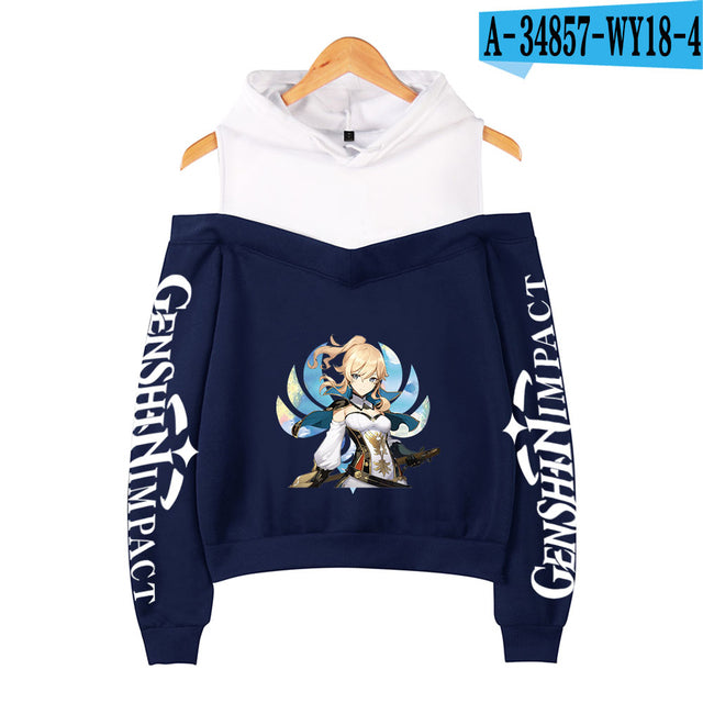 Genshin Impact Hoodies Women's Off-shoulder Hoodie Sweatshirt Autumn Winter Hoodie Harajuku Cartoon Xiao Off-shoulder Sweatshirt