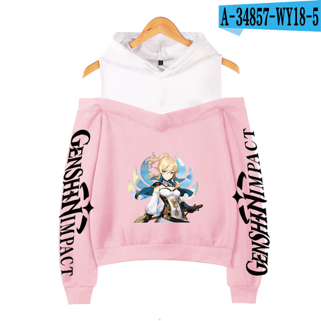 Genshin Impact Hoodies Women's Off-shoulder Hoodie Sweatshirt Autumn Winter Hoodie Harajuku Cartoon Xiao Off-shoulder Sweatshirt