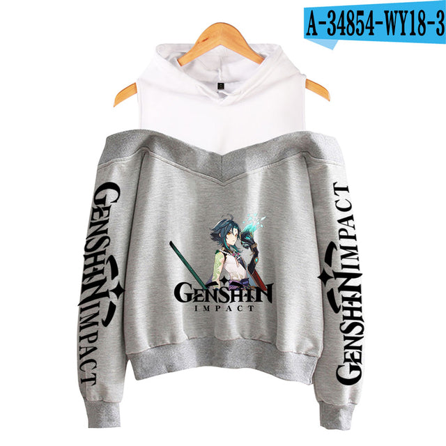 Genshin Impact Hoodies Women's Off-shoulder Hoodie Sweatshirt Autumn Winter Hoodie Harajuku Cartoon Xiao Off-shoulder Sweatshirt