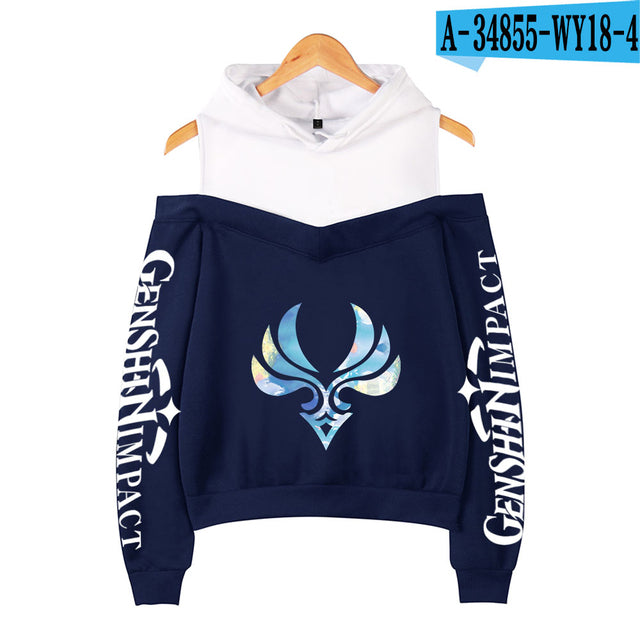 Genshin Impact Hoodies Women's Off-shoulder Hoodie Sweatshirt Autumn Winter Hoodie Harajuku Cartoon Xiao Off-shoulder Sweatshirt