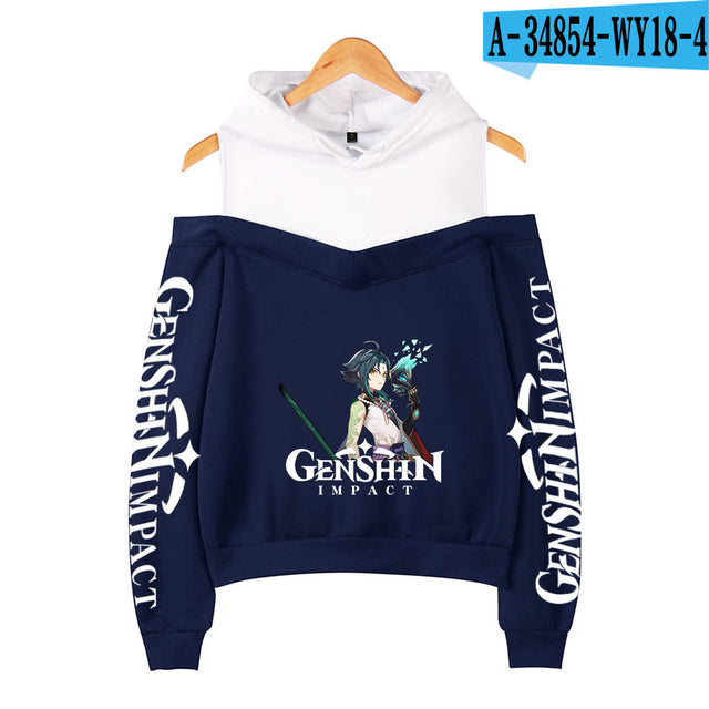 Genshin Impact Hoodies Women's Off-shoulder Hoodie Sweatshirt Autumn Winter Hoodie Harajuku Cartoon Xiao Off-shoulder Sweatshirt