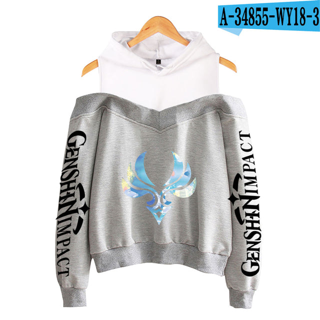 Genshin Impact Hoodies Women's Off-shoulder Hoodie Sweatshirt Autumn Winter Hoodie Harajuku Cartoon Xiao Off-shoulder Sweatshirt