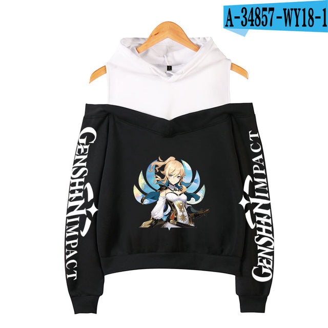 Genshin Impact Hoodies Women's Off-shoulder Hoodie Sweatshirt Autumn Winter Hoodie Harajuku Cartoon Xiao Off-shoulder Sweatshirt