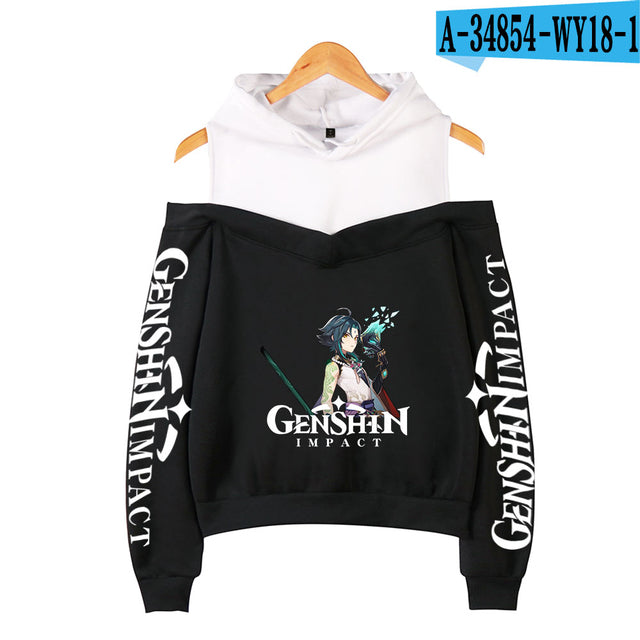 Genshin Impact Hoodies Women's Off-shoulder Hoodie Sweatshirt Autumn Winter Hoodie Harajuku Cartoon Xiao Off-shoulder Sweatshirt